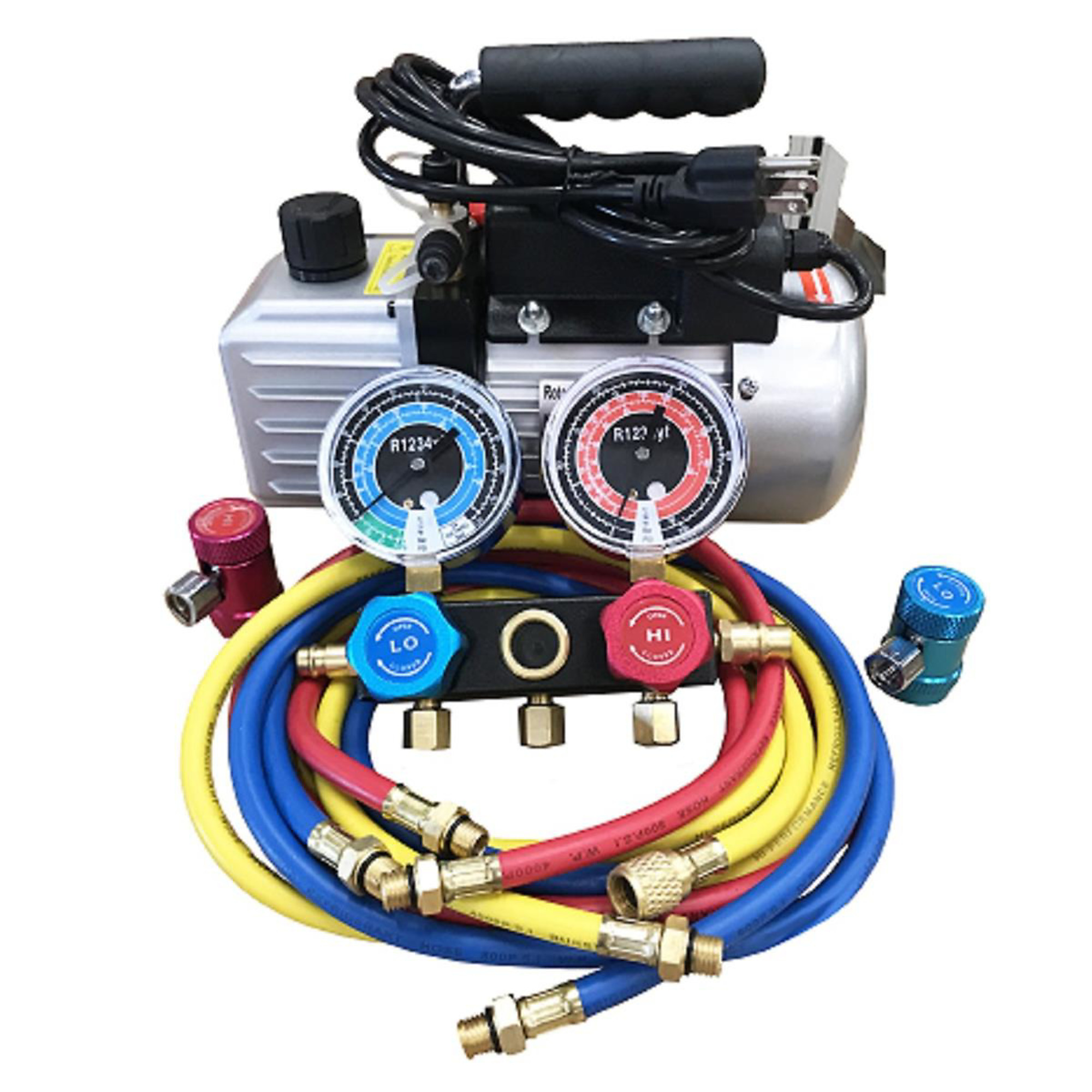 FJC Vacuum Pump and Manifold Set — 5.0 CFM, Aluminum, Spark-Proof, 72in. Hoses, Quick Couplers, Model# FJC9281YF